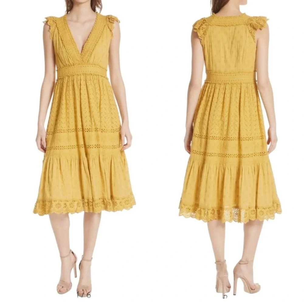 Ulla Johnson V-Neck Dress with Ruffles - Chartreuse Yellow - Excellent Condition - Picture 2 of 11